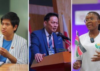 Dr. Pattarada Rungruang, Vice President of Southeast Bangkok College (left), Jay Wei, Chairman of the Chinese Youth Growth Foundation (center), and Kimanzi Margaret Wanjiru, Youth Representative from Kenya (right). (Photography: 2025 UN-SDGs Bootcamp & Forum)