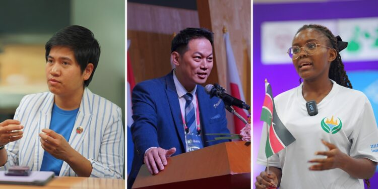 Dr. Pattarada Rungruang, Vice President of Southeast Bangkok College (left), Jay Wei, Chairman of the Chinese Youth Growth Foundation (center), and Kimanzi Margaret Wanjiru, Youth Representative from Kenya (right). (Photography: 2025 UN-SDGs Bootcamp & Forum)