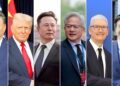From left to right: Xi Jinping, Donald Trump, Elon Musk, Jensen Huang, Tim Cook, Lei Jun. (Photography: (Ministry of Foreign Affairs of the People's Republic of China, Ministry of Commerce of the People's Republic of China, Elon Musk X, Reuters, Lei Jun Weibo)