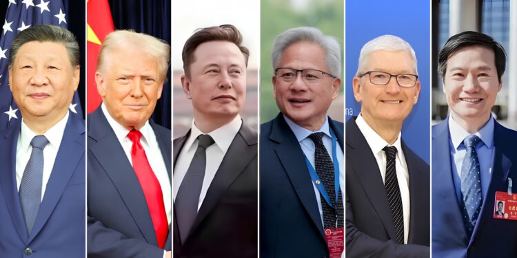 From left to right: Xi Jinping, Donald Trump, Elon Musk, Jensen Huang, Tim Cook, Lei Jun. (Photography: (Ministry of Foreign Affairs of the People's Republic of China, Ministry of Commerce of the People's Republic of China, Elon Musk X, Reuters, Lei Jun Weibo)