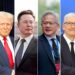 From left to right: Xi Jinping, Donald Trump, Elon Musk, Jensen Huang, Tim Cook, Lei Jun. (Photography: (Ministry of Foreign Affairs of the People's Republic of China, Ministry of Commerce of the People's Republic of China, Elon Musk X, Reuters, Lei Jun Weibo)
